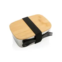 Stainless steel lunchlåda med bambulock och skedgaffel Säker betalning