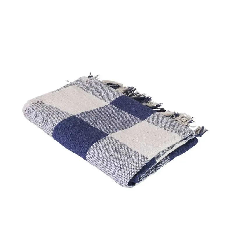 Pläd Stina – Blå/Offwhite Rutig Pläd i Återvunnen Bomull (125×150 cm) Lägg i varukorgen