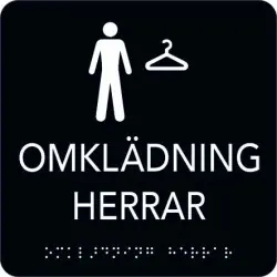 Taktil skylt Omklädning Herrar 150x150 mm, Svart med vit text Begränsat antal