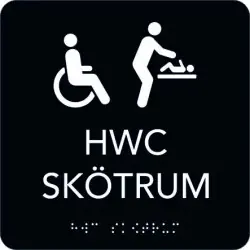 Taktil skylt HWC/Skötrum 150x150 mm, Svart med vit text Erbjudande